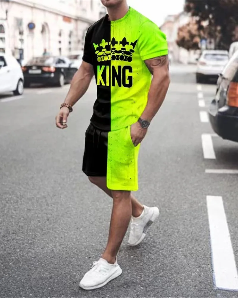 Vasarą Vyrai Tracksuit Karalius 3D Atspausdintas Laisvalaikio T-shirt 2 dalių Komplektas Negabaritinių Kostiumas, Sportiniai, Kvėpuojantis O-kaklo Gatvės Vyras Drabužiai
