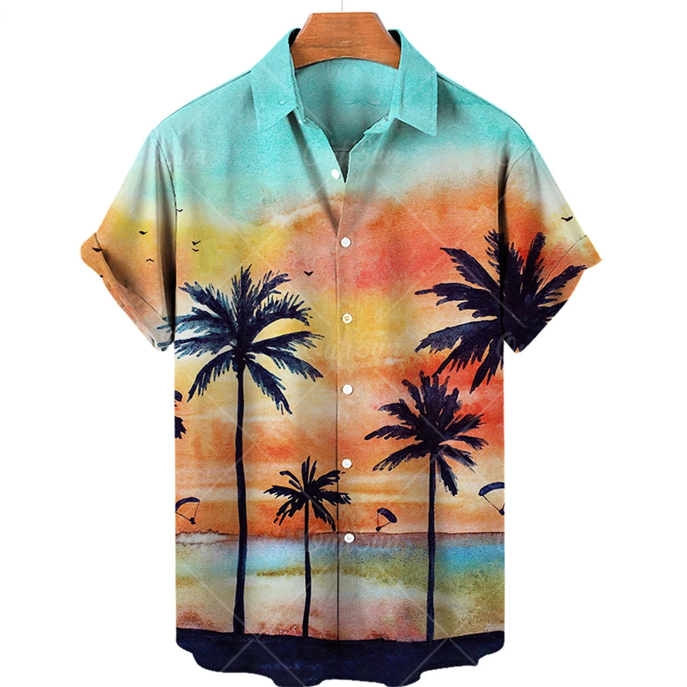 Visiškai Nauji vyriški Marškiniai Vasaros Viršūnes Mados Atsitiktinis Kokoso Medžio Atspausdintas Trumpas Rankovės Atvartas Prarasti Havajų Paplūdimio Palaidinė Vyrams