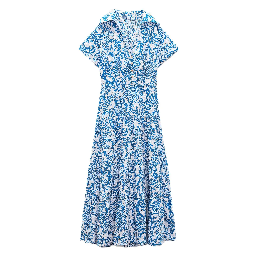 Zach AiIsa aukštos kokybės naujas vasaros moterų mados POLO apykakle trumparankoviai kontrasto spalvų, tuščiaviduriai siuvinėjimo vidutinio ilgio suknelė