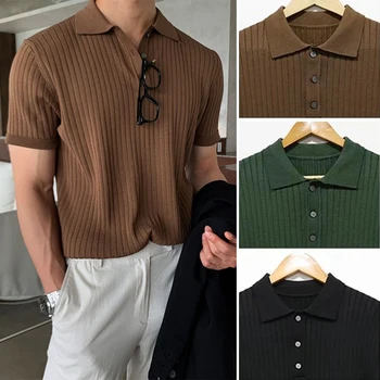 2023 korėjos Prabangių Drabužių, Megztų Polo Marškinėliai Atsitiktinis Dryžuotas Mygtuką vientisos Spalvos trumpomis Rankovėmis T-Shirt Vyrams Kvėpuojantis