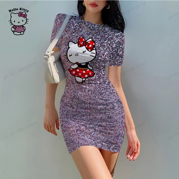 2023 Vasarą Naujas seksualus ponios stora suknelė elegantiškas mados moterų Hello Kitty spausdinti atsitiktinis Mini suknelė Disney prekės