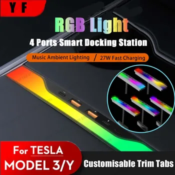4 in 1 Multiport USB HUB Adapteris Su Aplinkos Šviesos Tesla Modelis 3 Modelis Y 2023+2021 Konsolė Adapteris Tesla Priedai