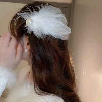 Baltas Gulbių Plunksnų Plaukų Clips Baleto Stiliaus Faux Perlų Žavesio Šokių Atlikti Plaukų Smeigtukai Merginų Vestuvės, Kalėdos, Plaukų Aksesuarai