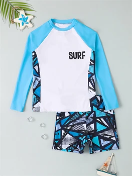Berniukas maudymosi kostiumėlį 2024 Nauja Geometrija Spausdinti ilgomis Rankovėmis Vaikų Vasaros maudymosi Kostiumėliai, Dviejų dalių Vaikai Paplūdimio Drabužiai Plaukimo Maudymosi Kostiumas Vyrams