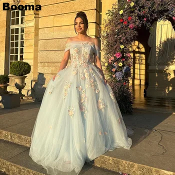 Booma Šviesiai Mėlyna Fėja Prom Dresses Off Peties Appliques Tiulio Vakaro Suknelės Moterims Linija Baigimo Šalis Chalatai vestido