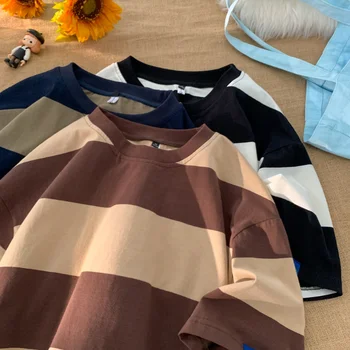 Korėjos Mens Mados Dryžuotas Crewneck Trumpas Rankovės Marškinėliai Naujas Vasaros 2023 Atsitiktinis Retro Marškinėlius Vyrų Negabaritinių Pagrindinio Viršūnes Tees