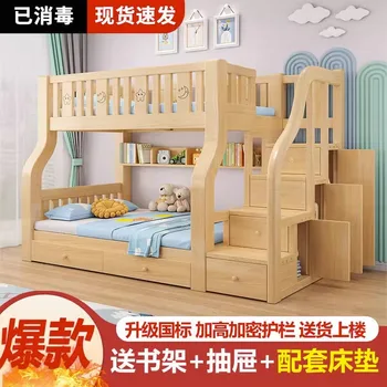Medžio masyvo viršutinės ir apatinės lovos, dvigulė lova, motina, vaikas miegoti kartu lovoje, vaikų lova, du sluoksnis, aukštos ir žemos lovos