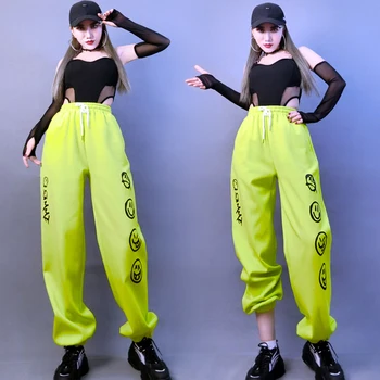 Nauja Hip-Hop Drabužių Moterų Grupė, Džiazo Šokio Kostiumai Juodas Bodysuit Žalios Kelnės Street Dancewear Etape Kpop Apranga SL8197