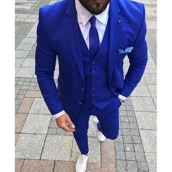 Royal Blue Vestuvių Mens Kostiumai Užsakymą Slim Fit Jaunikis Tuxedos Skara Atvartas 3 Gabalas Striukė, Kelnės Vyrų Švarkas (Striukė+Kelnės+Liemenė+Kaklaraištis)
