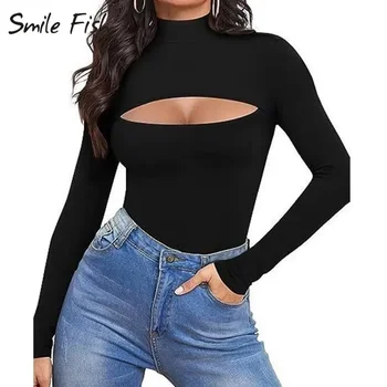 Seksualus, Moterų Ilgas Rankovėmis Rudenį T-shirts 2023 Golfo Aukšto Kaklo Priekyje Tuščiaviduriai Iškirpti Trišakiai Klubas Lady Black Slim Marškinėliai L014