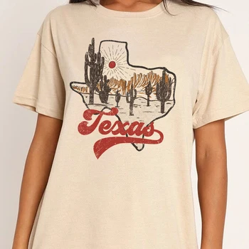 Teksaso Dykumoje Kaktusas Retro Pietų T-Marškinėliai Moterims Trumpomis Rankovėmis Vakarų Kelionės Marškinėliai Cowgirl Derliaus Boho Grafinis Tees Drabužiai